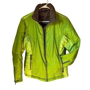 Sportalm Ski Jacket. Lime Green, Leopard Trim, Size 36/US 6